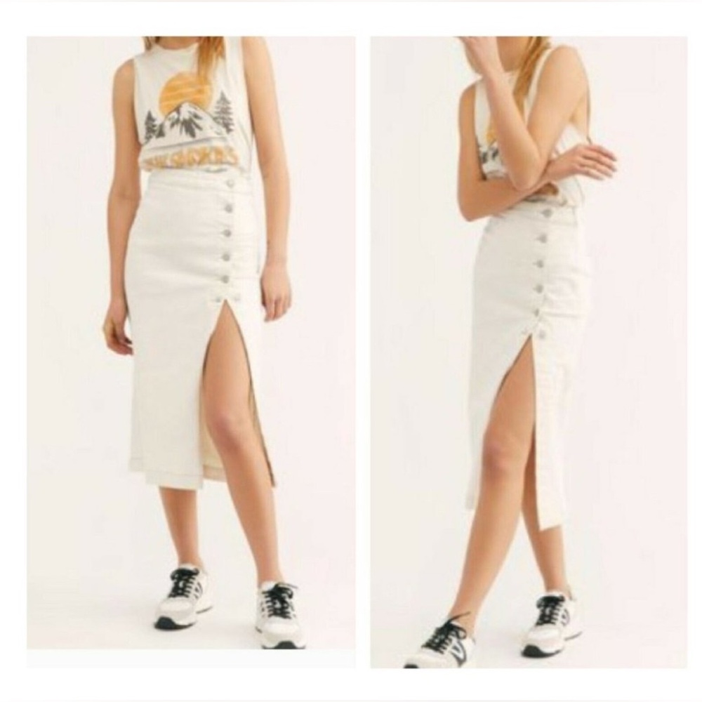 Free People || Jasmine Denim Midi Skirt Button Slit Size 0